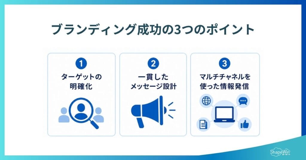 ブランディングの効果10選|売上・採用に効く理由と失敗しない戦略のポイント インフォグラフィック_ブランディングを成功させる3つのポイント